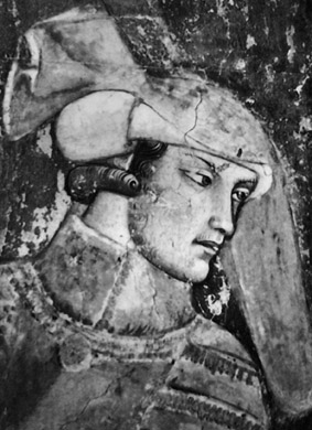 Un cavaliere, forse Castruccio Castracani, particolare del Trionfo della morte situato al Camposanto Monumentale di Pisa